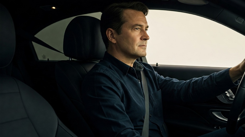 <p>Conductor en auto Mercedes-Benz con cinturón de seguridad puesto.</p>